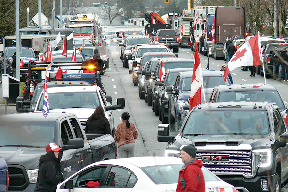 One organizer estimated 300 vehicles took part in a Langley-based protest against vaccine mandates and media coverage of the pandemic on Saturday, Feb. 5. (Dan Ferguson/Langley Advance Times)