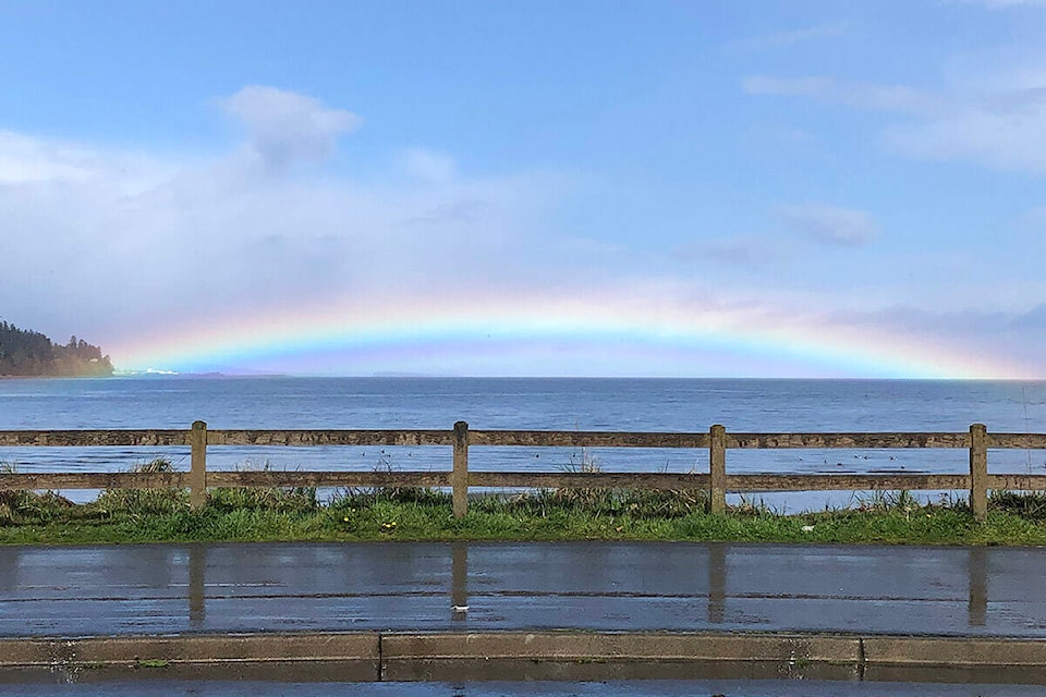 PQB News reader Don Tessier shares this unique shot. “Looks like the rainbow starts in French Creek and goes to Lasqueti Island,” he said.