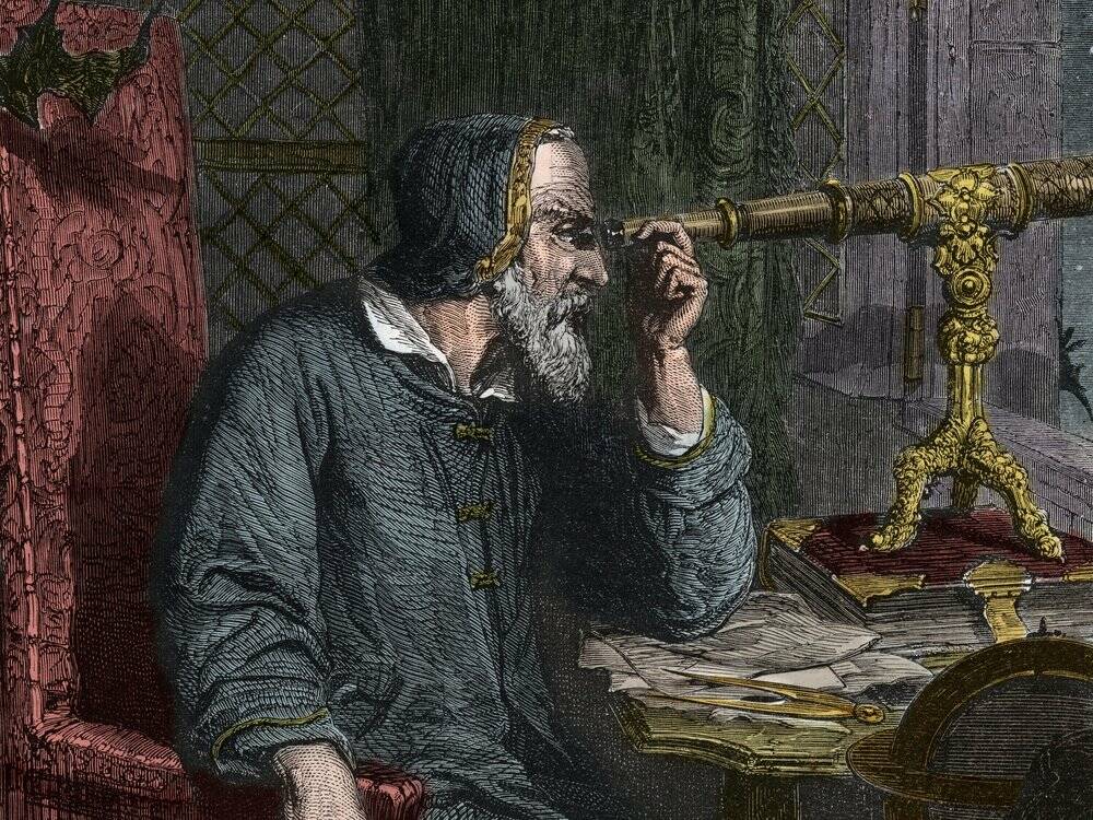 A painting of Galileo, an Italian astronomer, physicist and engineer, looking through a telescope. (Smithsonian Magazine)