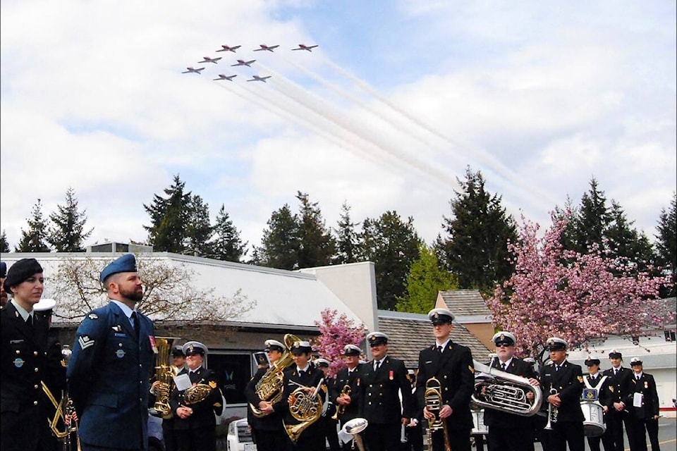 The Canadian Forces Snowbirds flew over the Freedom of the Town ceremony at Qualicum Beach town hall on Saturday, May 7. (Michael Briones photo)
