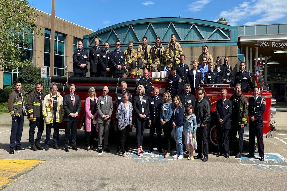 Group of members of the B.C. Professional Fire Fighters’, B.C. Children’s Hospital staff, and the McKenzies’ a patient family joining together in front of the hospital (June 14). Provided by B.C. Children’s Hospital.