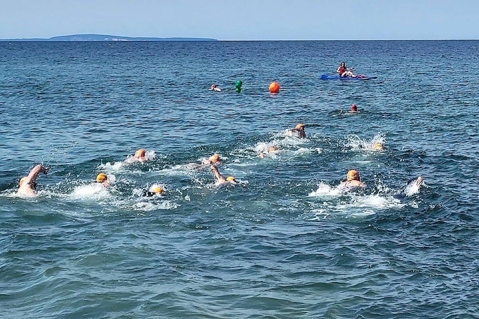 Swimmers battle the waves in the 62nd Annual Ocean Mile Swim held in Qualicum Beach, Aug. 21. (Heather Svensen photo)