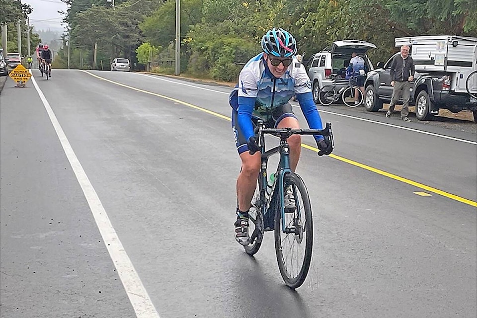 Carol Doering of Errington pedals hard during the road race competition. (Submitted photo)