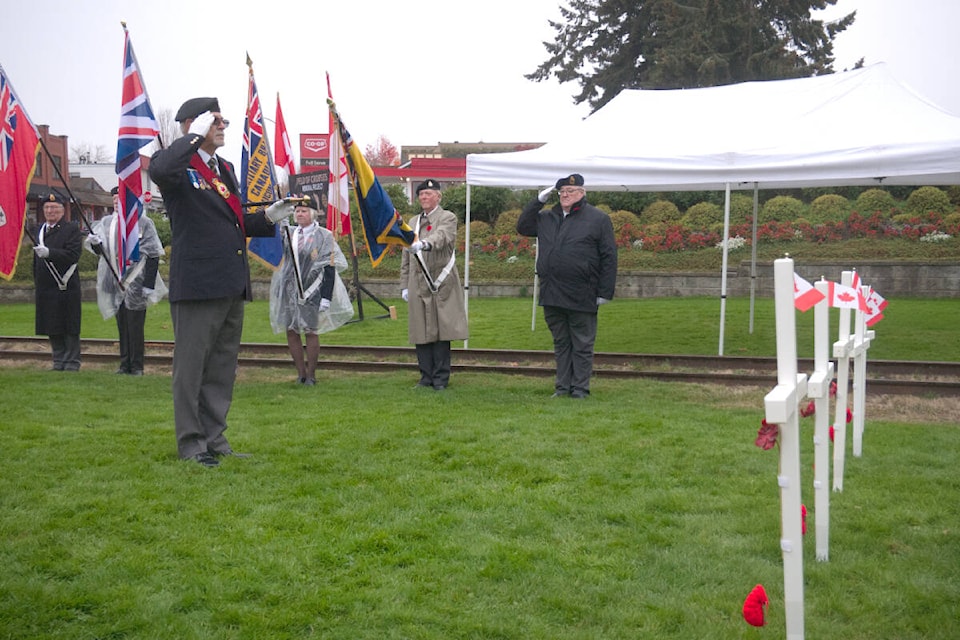 An opening ceremony by the Rotary Club of Qualicum Beach and Royal Canadian Legion Branch 76 at the Field of Crosses in Qualicum Beach remembered the fallen and veterans at 11 a.m. on Nov. 3. (Kevin Forsyth photo)
