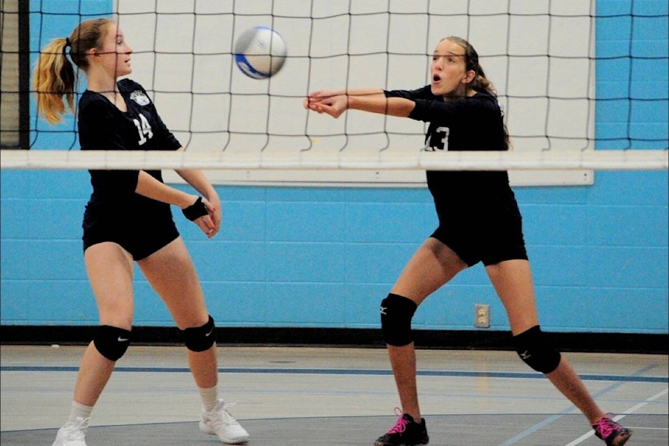 Ballenas Whalers player Cadie DenHaan makes a dig pass while Norah Hughes watches the ball. (Michael Briones photo)