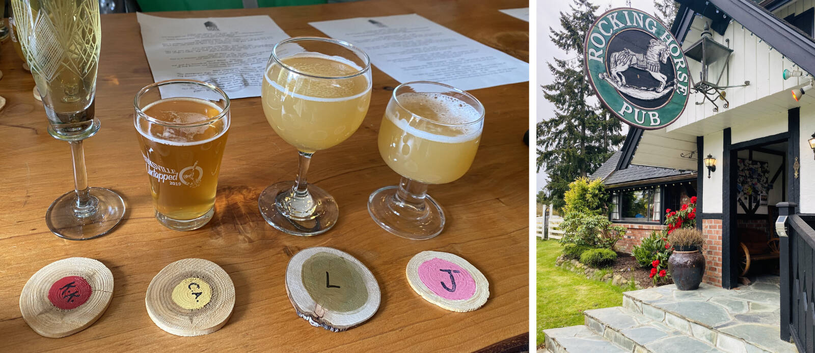 A tasting flight from LoveShack Libations in Qualicum Beach; the Rocking Horse Pub in Nanoose. Jen Blyth / West Coast Traveller photos