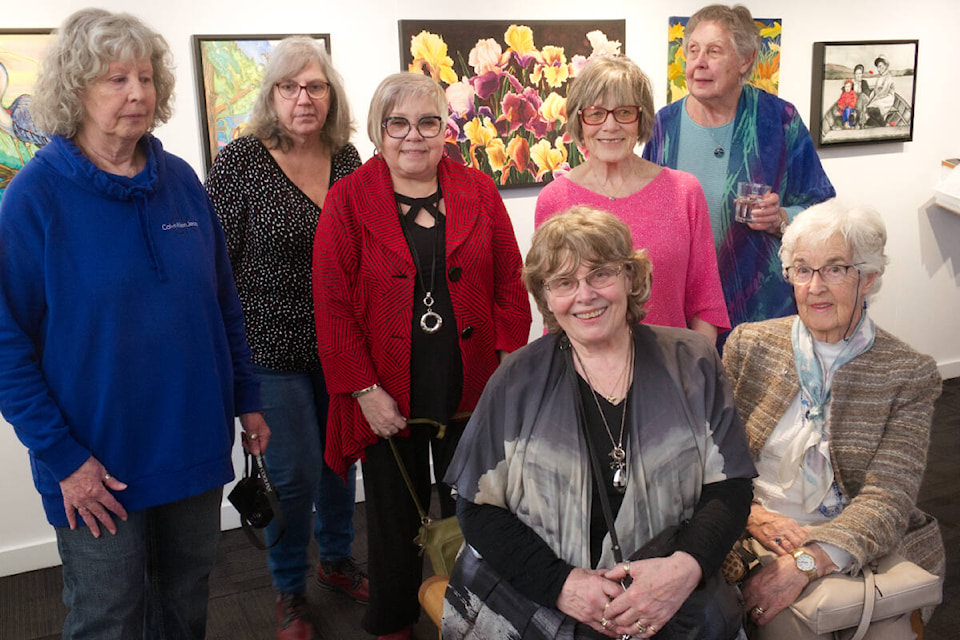 The Vancouver Island Silk Painters have a new exhibition on display at the Old School House Arts Centre (TOSH) in Qualicum Beach. From left, Maureen Walker, Sharon Recalma, Gail Grekul, Bernice Sterns, Irm Houle. In front, from left Nancy Korman and Kate Birch. (Kevin Forsyth photo)