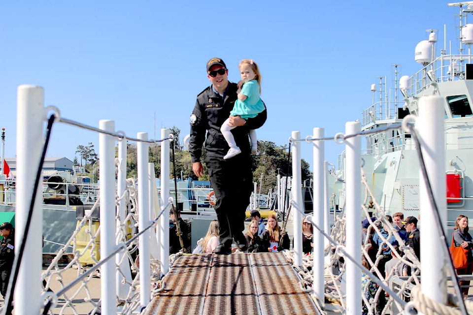 Friends and family welcomed members of HMCS Edmonton back home on April 28 as the ship returned to CFB Esquimalt. The vessel was on a two-and-a-half month deployment involved in a multi-nation narcotics-combatting operation off of Central America. (Jake Romphf/News Staff)