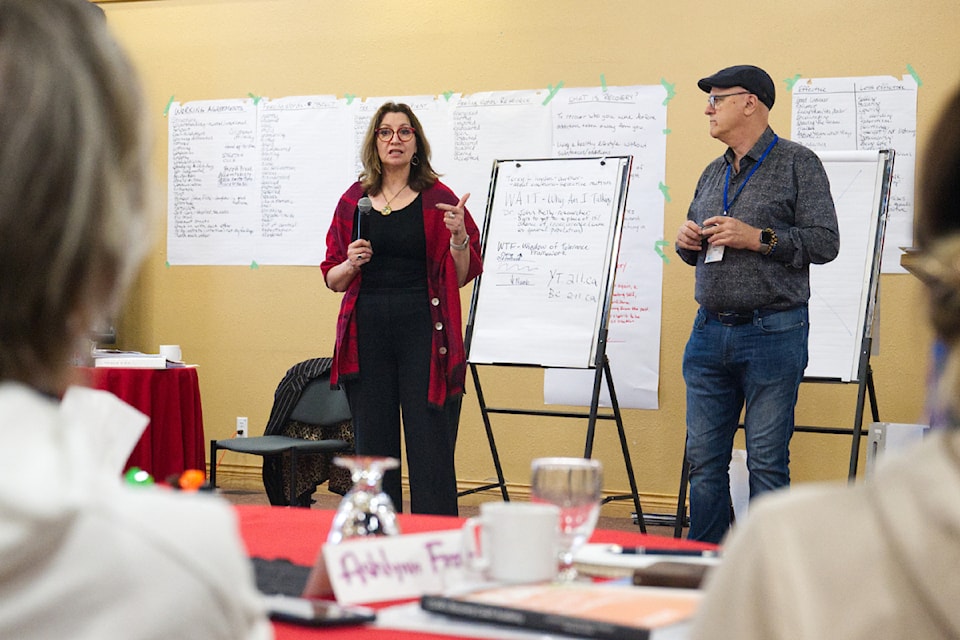 Still Here trainers Shelley Shadow and Kevin Diakiw speak during the recovery coach training at the Yukon Inn in Whitehorse on July 19.