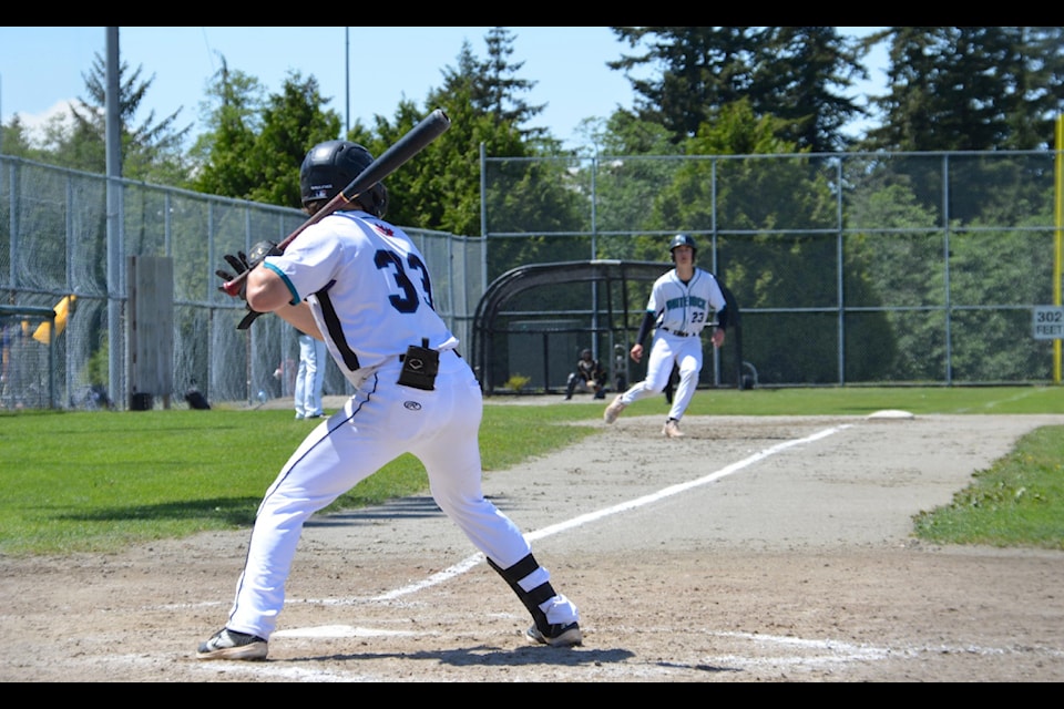 White Rock Senior U18 Tritons Mason McCleary at bat during a recent game. The BCPBL team made it to semi-final play at the Langley Blaze Invitational, which they co-hosted, held June 5-9.