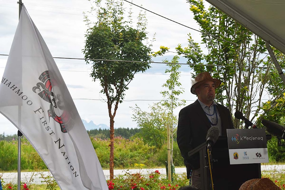 Semiahmoo First Nation Chief Harley Chappell speaks at the announcement in Campbell Heights, declaring the intention of three First Nations to seek the return of the Crown land.