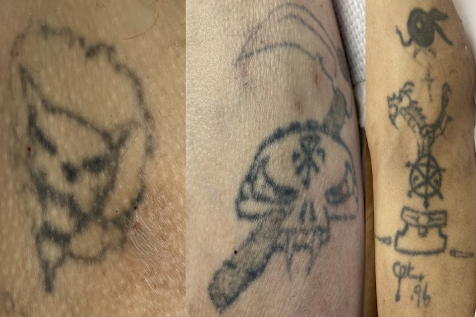 Surrey Police are appealing to the public for help identifying a deceased man who was found on April 12, 2025. Pictured are tattoos on the deceased, with the left on his left calf on the inside, the middle on his left calf on the outside and the one pictured on the right on his left upper arm.