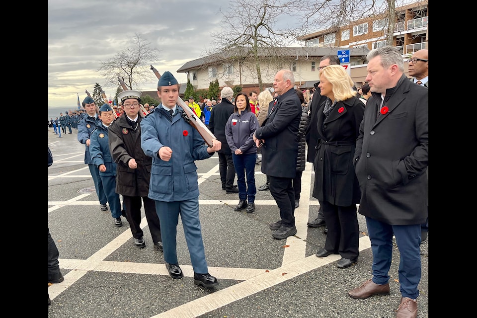 Cadets marched past several members of White Rock council and Surrey-White Rock MLA-elect Trevor Halford at Remembrance Day ceremonies in White Rock Monday (Nov. 11).