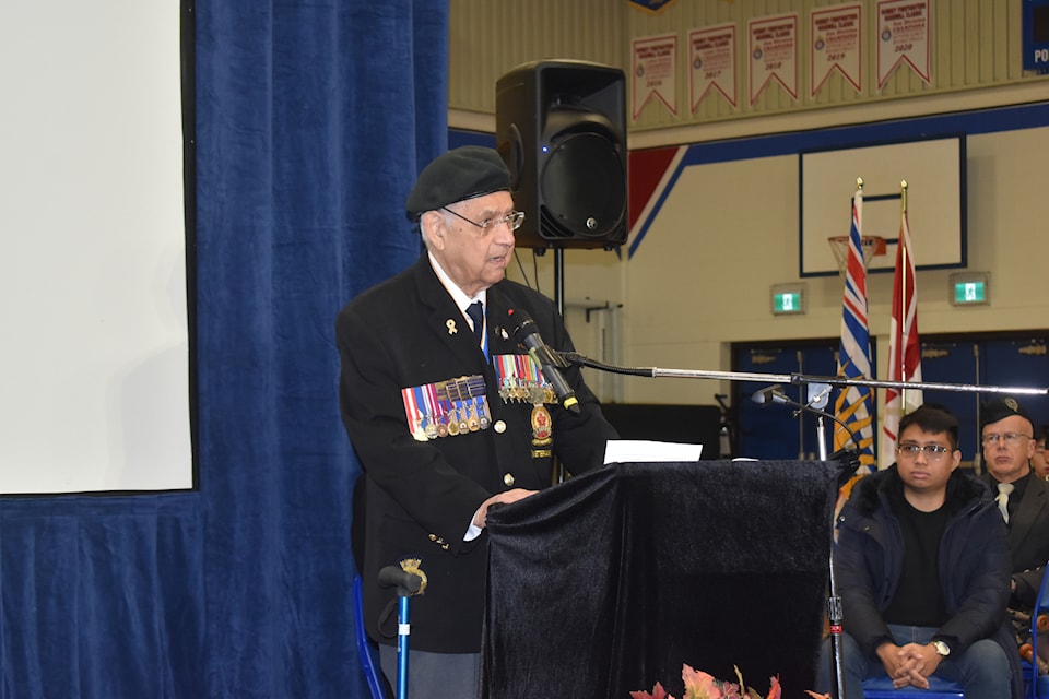 Percy Smith, 101, speaking at a Remembrance Day ceremony at Semiahmoo Secondary in South Surrey Thursday, Nov. 7 