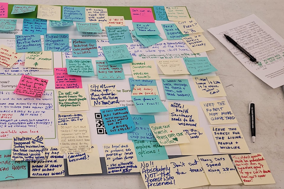 A rainbow of sticky notes dot comment boards set up at a Nov. 20, 2024 open house regarding proposed expansion plans for Sunnyside Lawn Cemetery.