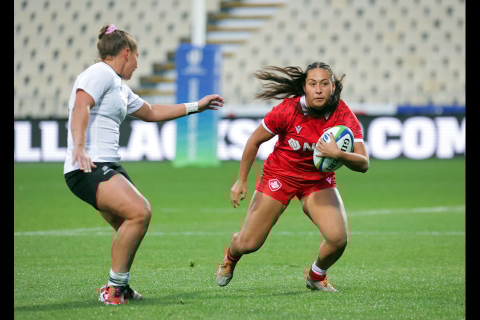 South Surrey's Shoshanah Seumanutafa, right, during a PAC4 international women's rugby match in New Zealand earlier this year.