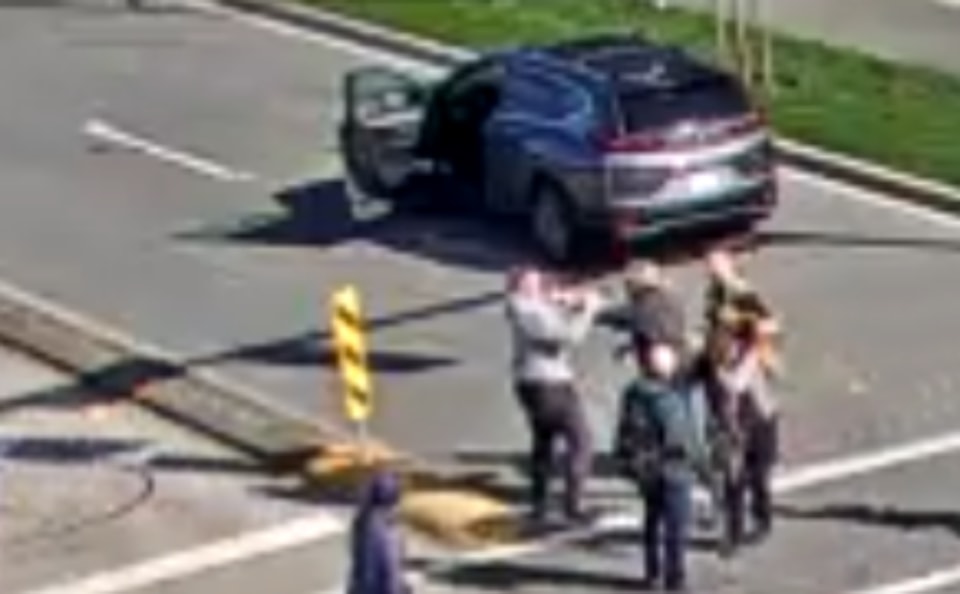 White Rock RCMP issued these CCTV images of an April 11, 2025 assault on two seniors in a crosswalk.