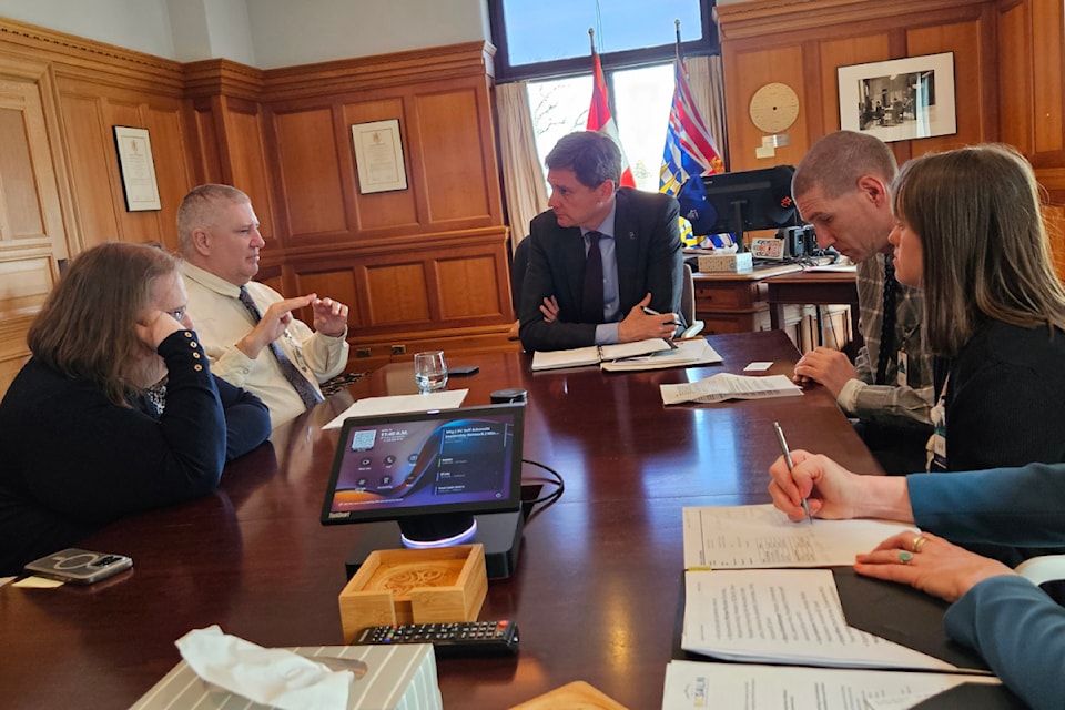 Premier David Eby (centre) listens to BCSALN president Michael McLellan (second from left) during the meeting April 14, 2025. Also pictured are (from left) BCSALN members Kara Anderson, Bryce Shaulfelberger and Krista Milne. 