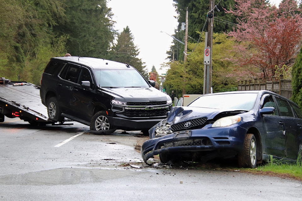 Suspects crashed with police vehicles at 200 Street and 36 Avenue after a robbery occurred in South Surrey on April 9, 2025.