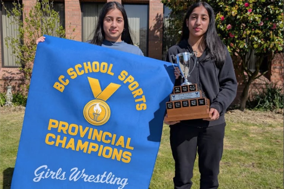 Semiahmoo Secondary sisters Gurleen and Tania Dhillon tied with Guildford Park Secondary's Natalie Wojchiechowski and Khushi Jhalli to win provincial gold in wrestling.