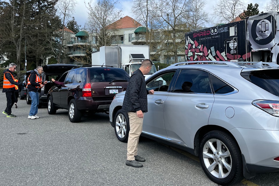 An April 12, 2025 by-donation shredding event at Semiahmoo Shopping Centre raised more than $7,400 for Sources White Rock/South Surrey Food Bank.