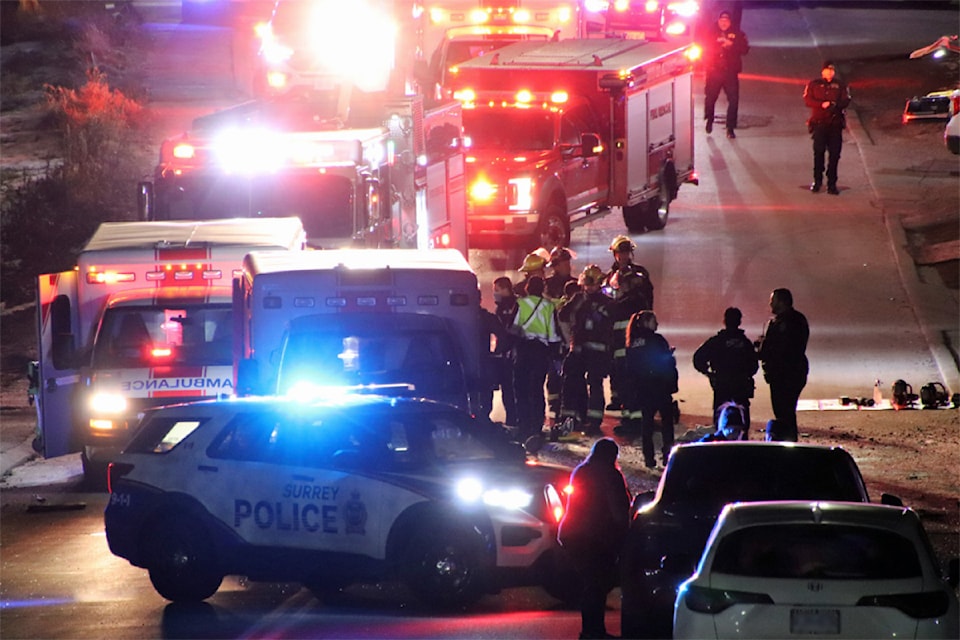 Bystanders reported at least one fatality after a driver collided with a power pole in Surrey Monday night (Feb. 10).