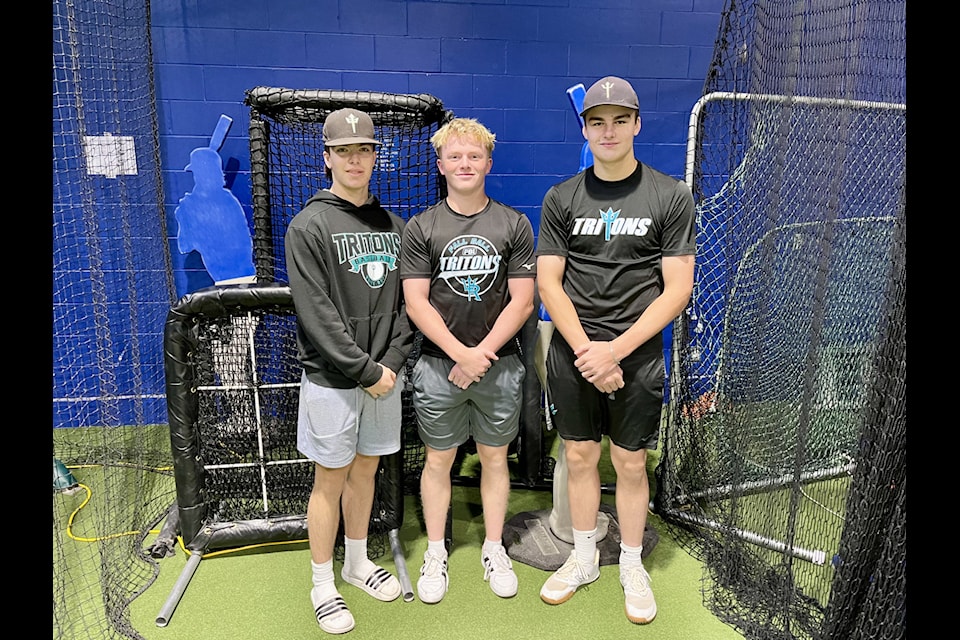 White Rock Tritons premier team players Kadyn Armitage, left, Luke Thomas and Walker Kokotailo at their practice facility in South Surrey.