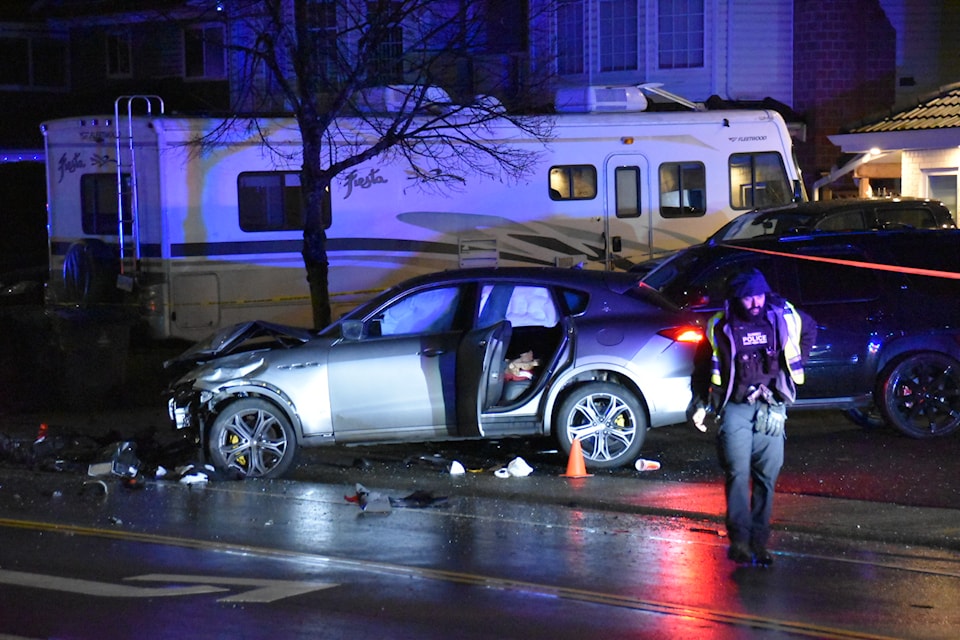 A late-night multi-vehicle collision in Surrey Saturday (Jan. 4) has left a pedestrian with serious injuries.