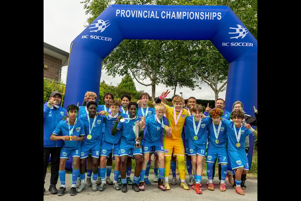 Coastal FC U15 boys celebrate their gold-medal win — their second in a row — at the BC Soccer Premier League championship.