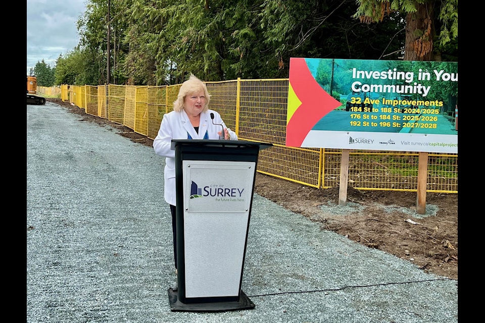 Surrey Mayor Brenda Locke speaks at a groundbreaking Wednesday (July 9) celebrating the second phase of 32 Avenue improvements.
