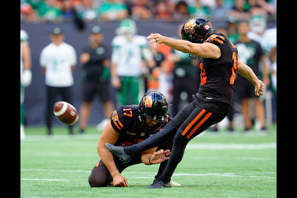 CFL's Saskatchewan Roughriders play the BC Lions at BC Place on July 19. Kicker Sean Whyte has earned honour roll accolades for July.  