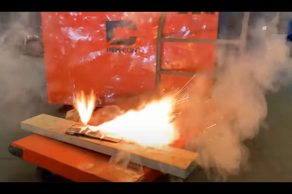 Screenshot taken after a lithium ion battery is punctured, from 
Dem-Con Companies LLC's YouTube channel.