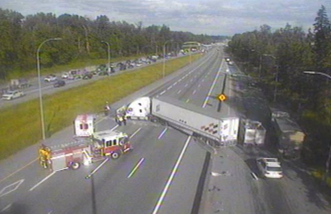 DriveBC reports a westbound incident on Highway 1 past 176 Street Friday morning (May 23, 2025) has traffic diverting through the pullout to get by.