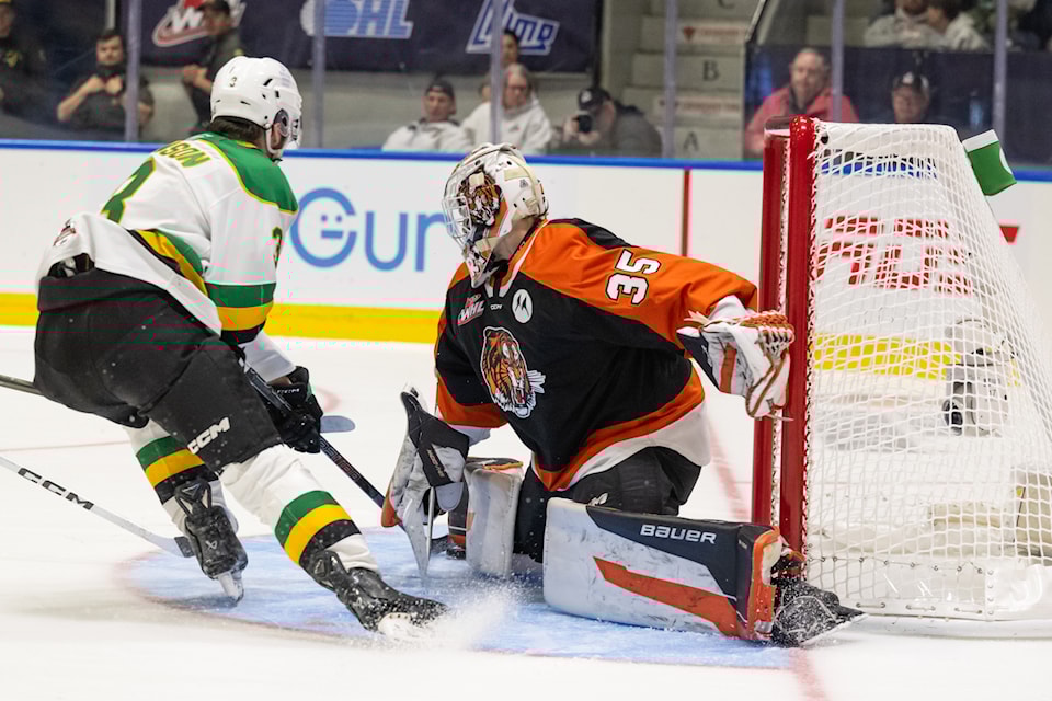 South Surrey's Harrison Meneghin, Medicine Hat Tigers goalie and WHL Playoffs MVP, in action vs. London Knights on Tuesday (May 27).