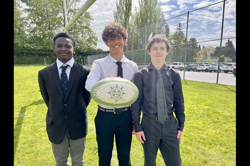 Grade 8 Earl Marriott Secondary rugby players Ridzwan Olusesi, left, Jordan Fyfe and James O'Neill encourage everyone to give the game a try.