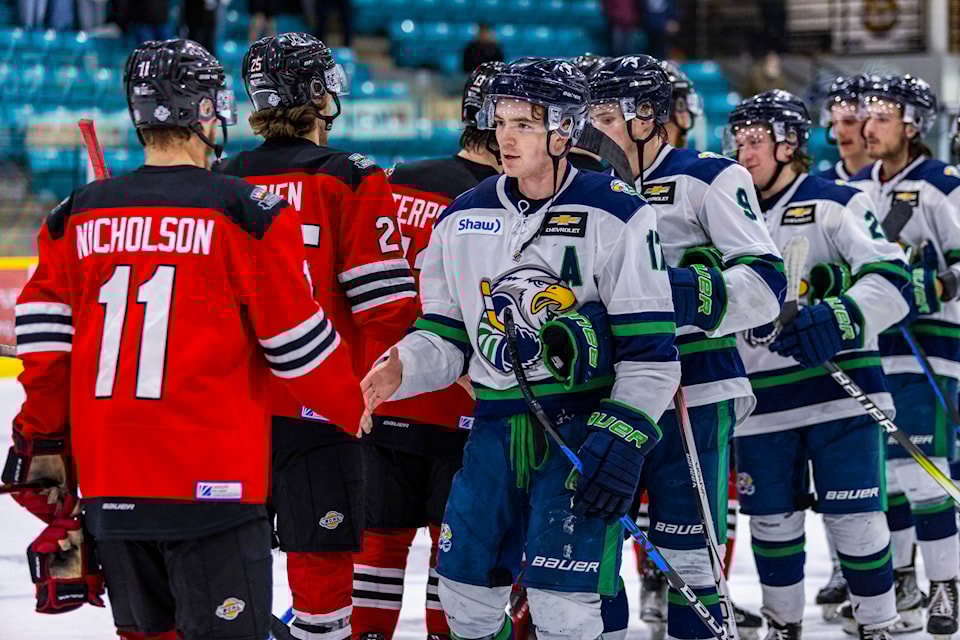 Surrey Eagles players, right, shake hands with Alberni Valley Bulldogs players after Game 7 in South Surrey last May, when the Eagles ousted the island team from BCHL playoffs. The Eagles face off against their 'arch-nemesis' in BCHL Round 1 playoffs this Friday and Saturday at South Surrey Arena. 