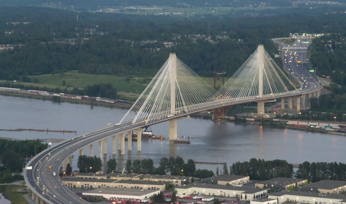Canada, BC, Vancouver. Aerial photos of Port Mann Bridge after sunset.