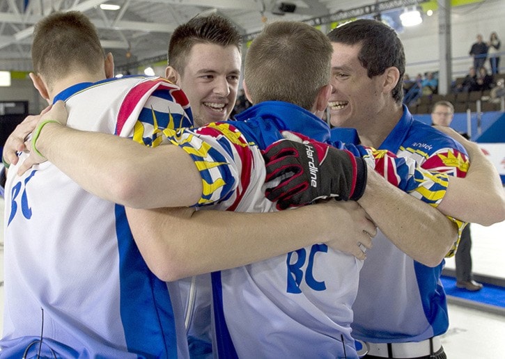 Victoria B.C.Jan29_2017.Canadian Junior Curling Champiship.B.C. skip Tyler Tardi,third Sterling Middleton,second Jordan Tardi, lead Nick Meister.Curling Canada/michael burns p