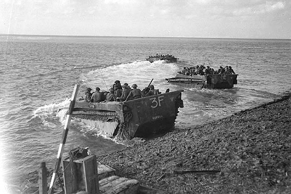 Buffalo amphibious vehicles take troops of the First Canadian Army across the Scheldt estuary in September, 1944. (Photo: Library and Archives Canada)