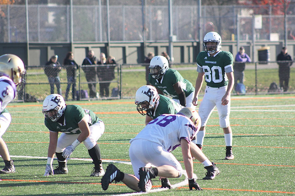 Lord Tweedsmuir’s junior varsity Panthers dumped Vancouver College 21-6 in the AAA JV provincial semi-final game at Cloverdale Athletic Park Nov. 21. They now face Victoria’s Mt. Douglas Rams in the final Nov. 30. (Photo: Malin Jordan)