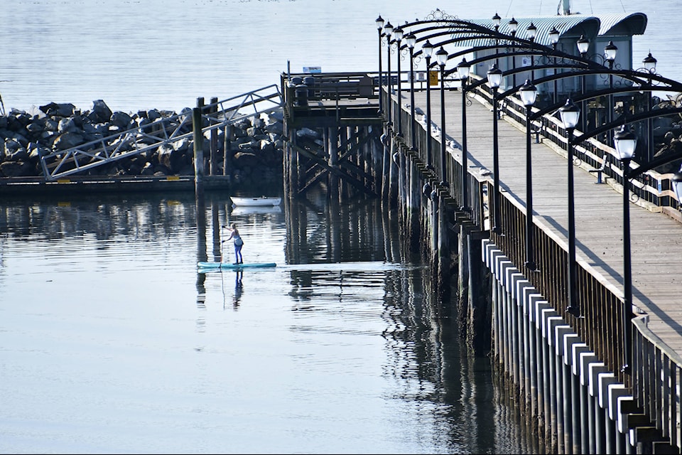 A paddle boarder glides underneath the White Rock Pier morning. (Aaron Hinks / Black Press Media file photo)