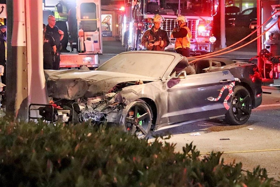 Nine people were sent to hospital after a serious crash involving two cars and a pedestrian on Scott Road Sunday night (Aug. 9, 2020). (Shane MacKichan photo)