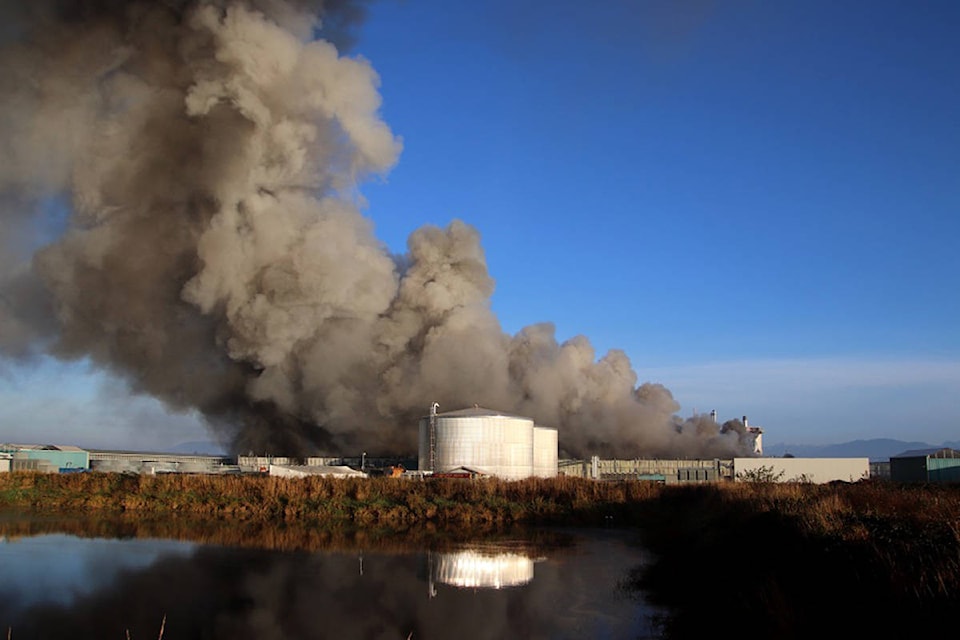 Firefighters work to extinguish a large fire at a warehouse in Delta Sunday morning. (Shane MacKichan photos)