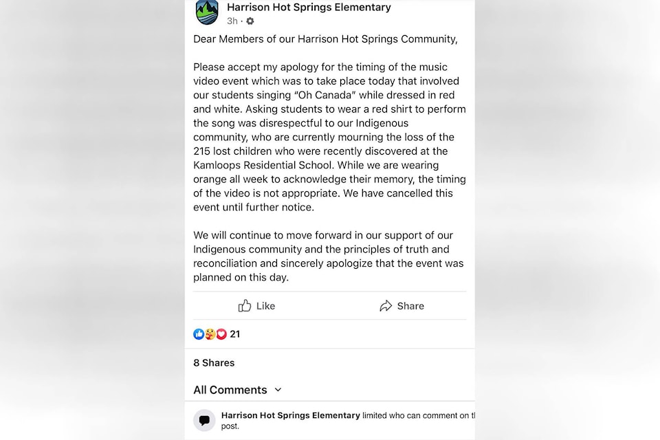 Harrison Hot Springs Elementary School issued this apology following the announcement of plans to film a music video of students wearing red and white, singing ‘O Canada’ for the village’s upcoming virtual Canada Day celebration. The filming has since been canceled until further notice. (Facebook/Harrison Hot Springs Elementary