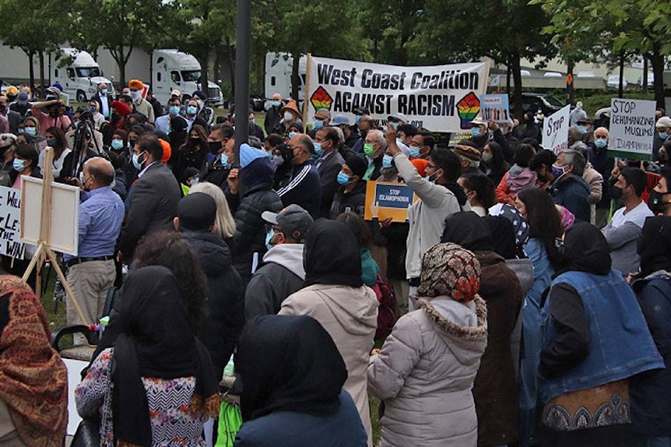 Hundreds gathered at Surrey’s Holland Park Friday (June 11) in memory of the Muslim family killed in London, Ont. on Sunday (June 6). (Photo: Shane MacKichan)