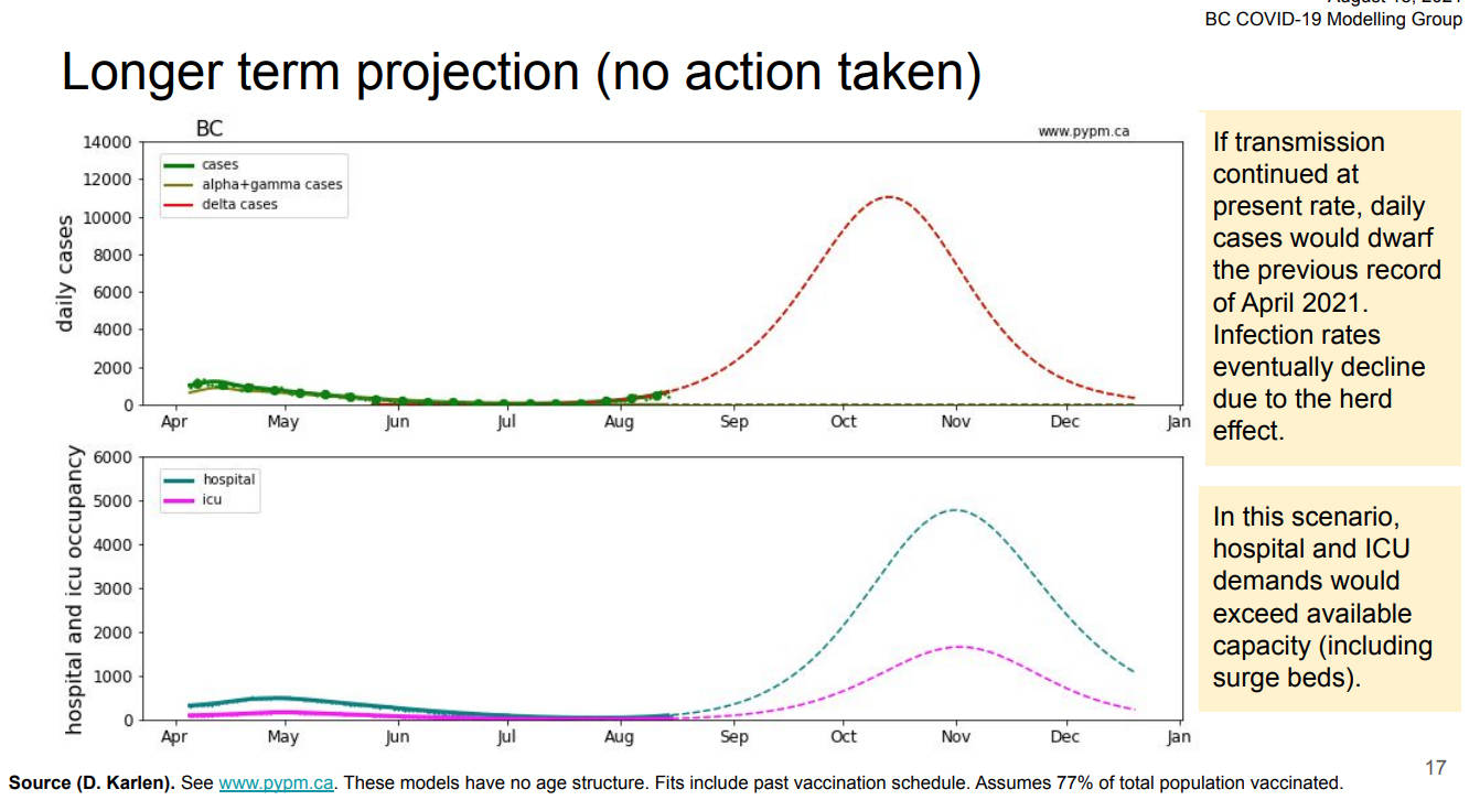 This chart from the B.C. COVID-19 Modelling Groups report shows potential peaks of COVID-19 infections to come in the fall if no actions are taken. (B.C. COVID-19 Modelling Group photo)