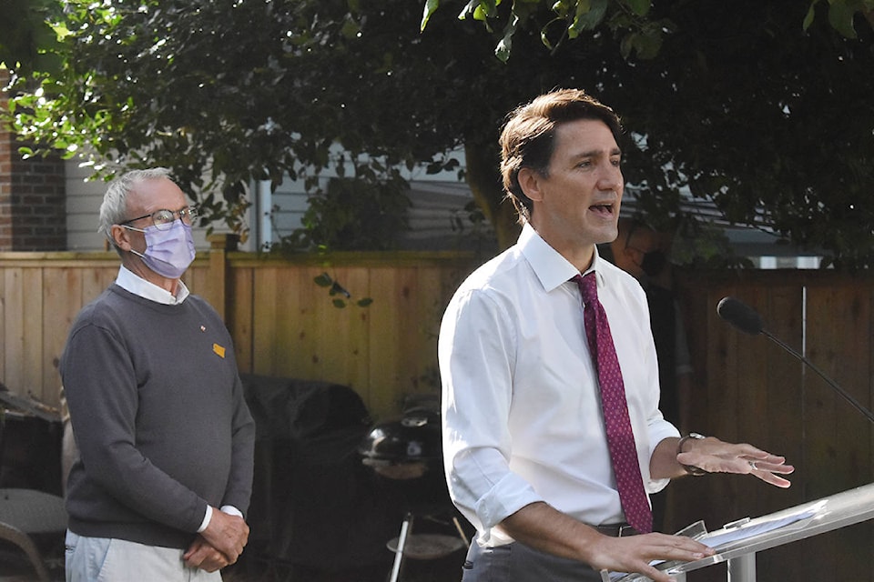 Liberal Leader Justin Trudeau and South Surrey-White Rock candidate Gordie Hogg speak at a campaign event in South Surrey Wednesday. (Aaron Hinks photo)