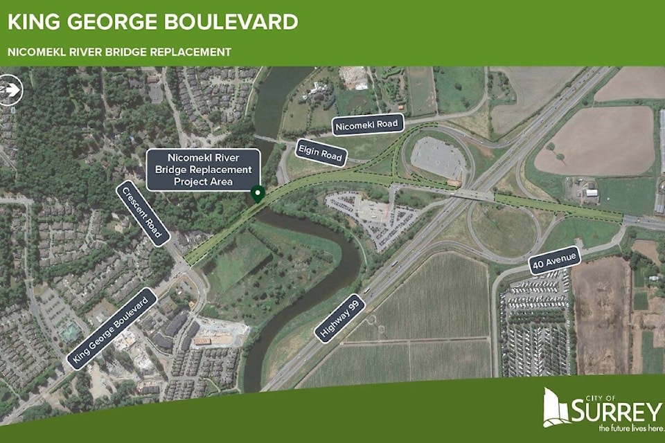 Work to replace the Nicomekl River and Bailey bridges on King George Boulevard in South Surrey is expected to begin this year. (City of Surrey image)