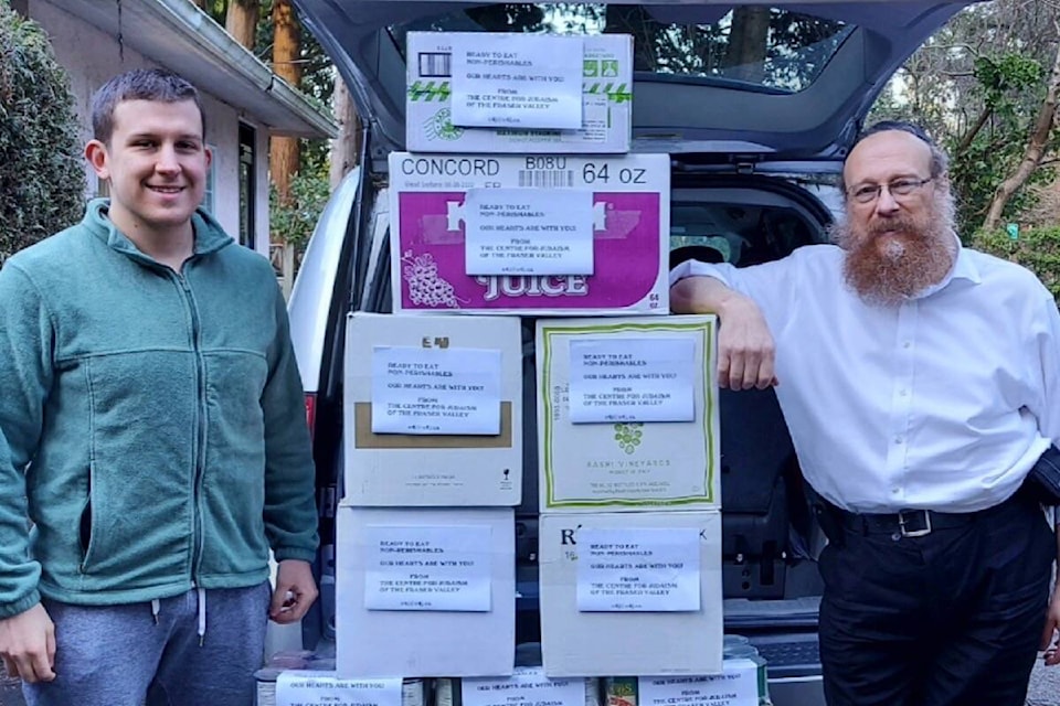 Zev Schtroks (left) and Rabbi Falik Schtroks pose with some of the items collected for flood relief by The Centre for Judaism of The Lower Fraser Valley/Chabad. (Contributed photo)