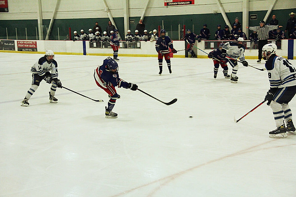 Dawson Sucke unleashes a quick wrist shot that found the back of the net and tied the game 2-2 for Cloverdale March 23 in their semi-final game against the North East Trackers. The U18 A1 Colts ultimately lost the game 3-2 in overtime. They will now play in the bronze medal game of the U18 provincial championship tournament. (The game was played after we went to press.) (Photo: Malin Jordan)